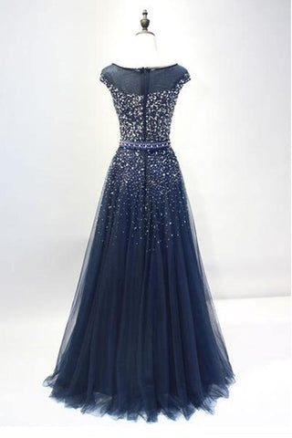 Navy Blue Round Neck Tulle Sequins Full Length Prom Dresses  PSK101