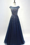 Marineblaues Ballkleid mit Rundhalsausschnitt, Tüll und Pailletten in voller Länge, PSK101