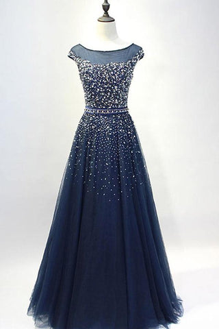 Navy Blue Round Neck Tulle Sequins Full Length Prom Dresses  PSK101