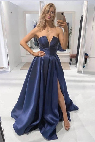 Dark Navy Long A-line V-neck Satin Sleeveless Evening Dress with Slit