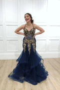 Abito da Ballo Sirena in Tulle Blu Marina con Spalline Sottili e Perline Dorate  PSK023