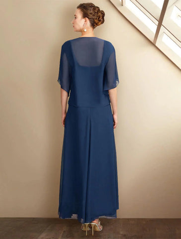 Zweiteiliges A-Linien-Kleid für die Mutter der Braut, Kirche, Übergröße, elegant, hoch und tief, quadratischer Ausschnitt, asymmetrisch, knielang, Chiffon, Spitze, kurze Ärmel, Wickelkleid inklusive Applikationen