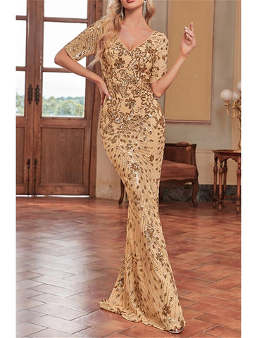 Meerjungfrau/Trompete Kleid für die Brautmutter, Hochzeitsgast, Sparkle &amp; Shine, elegant, V-Ausschnitt, bodenlang, Pailletten, kurze Ärmel mit Paillettenblume
