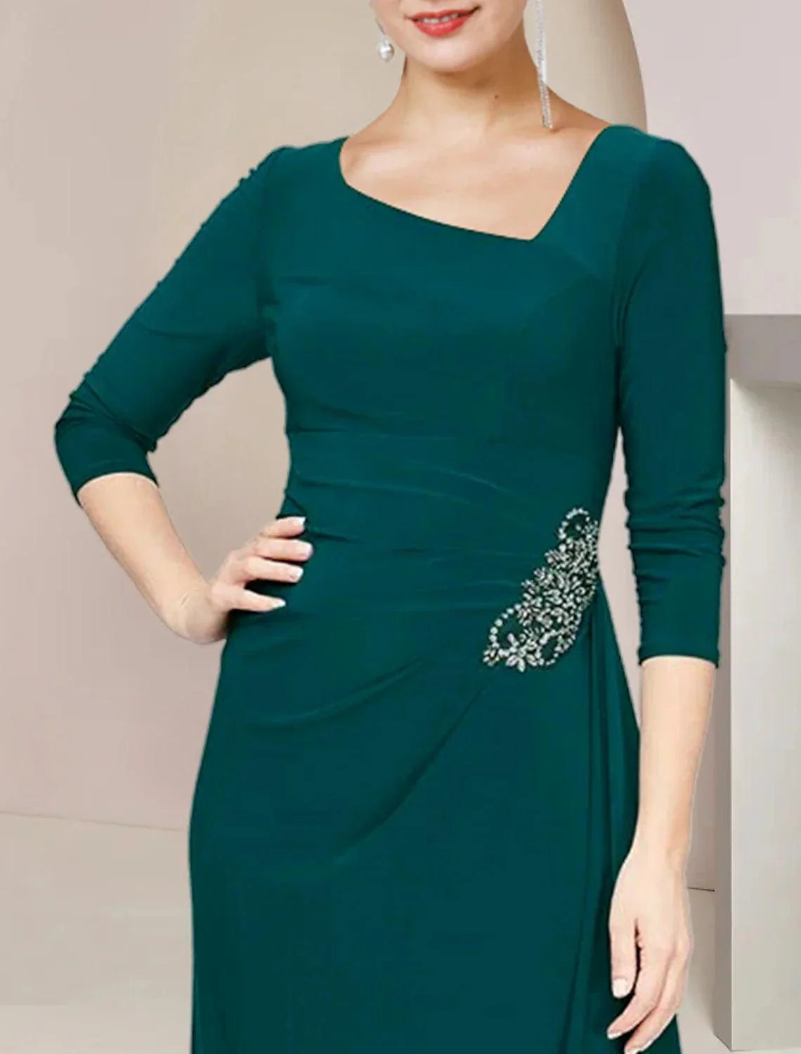 Vestido tubinho/coluna para mãe da noiva, convidada de casamento, elegante, decote redondo, comprimento até ao tornozelo, chiffon elástico, manga 3/4 com cristais, folhos, frente aberta