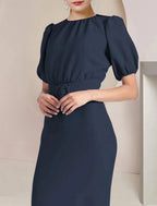 Vestido tubinho/coluna para mãe da noiva, convidado formal de casamento, elegante, decote redondo, comprimento chá, chiffon elástico, manga curta com faixa/fita