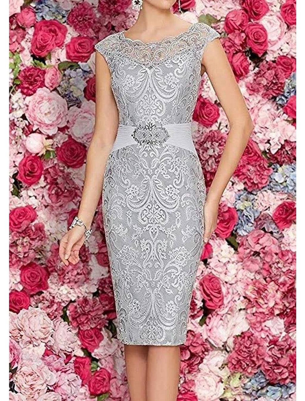 Vestido de mãe da noiva de duas peças, bainha/coluna, formal, para convidada de casamento, elegante, decote redondo, comprimento até ao joelho, chiffon, renda, sem mangas, com aplicações de missangas