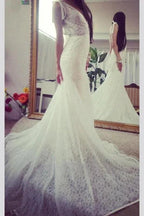 Neck Sleeveless Pretty Mermaid Gown With Deep V Back Long Lace Elegant Wedding Dresses by misshow.com