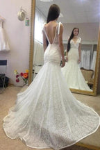 Neck Sleeveless Pretty Mermaid Gown With Deep V Back Long Lace Elegant Wedding Dresses by misshow.com