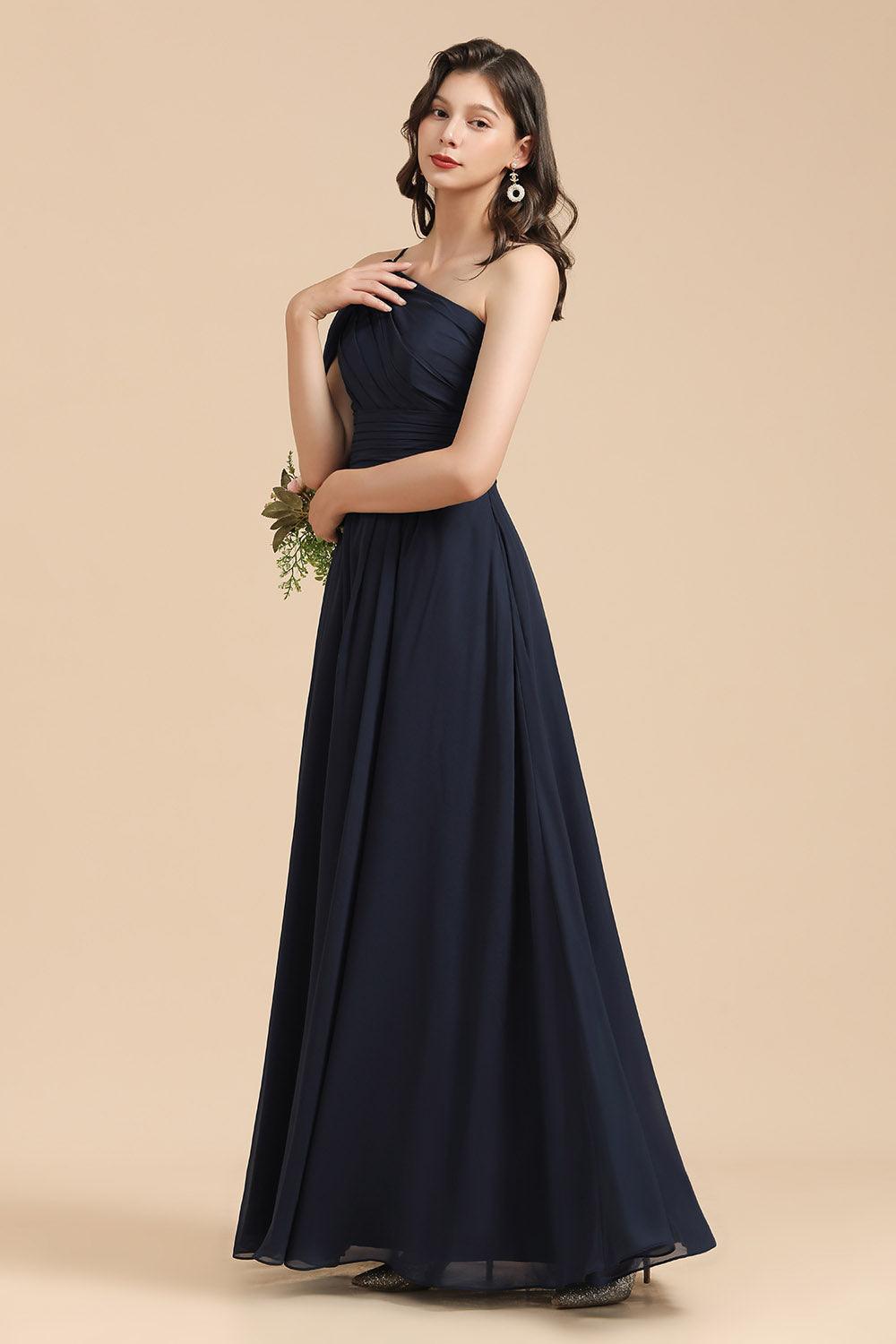 New Arrival Black One Shoulder A-line Long Bridesmaid Dress