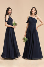 New Arrival Black One Shoulder A-line Long Bridesmaid Dress