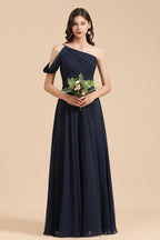 New Arrival Black One Shoulder A-line Long Bridesmaid Dress