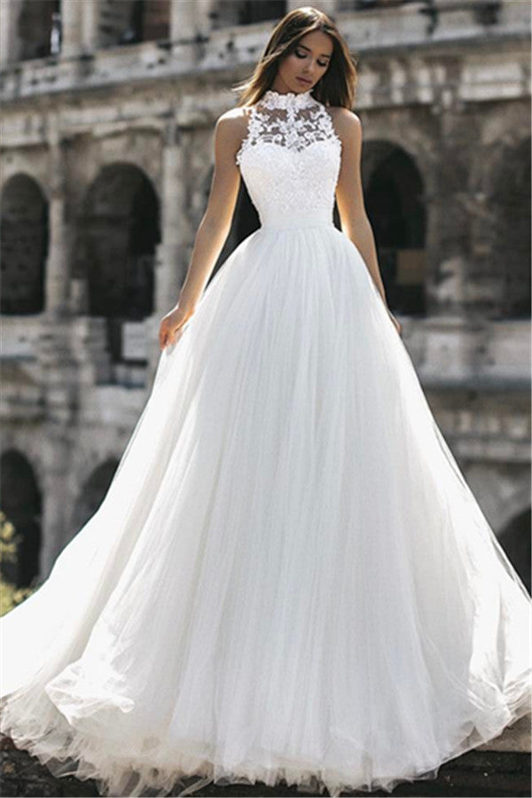 Vestido de novia de cuello alto sin mangas con aplicaciones - Nuevo lanzamiento