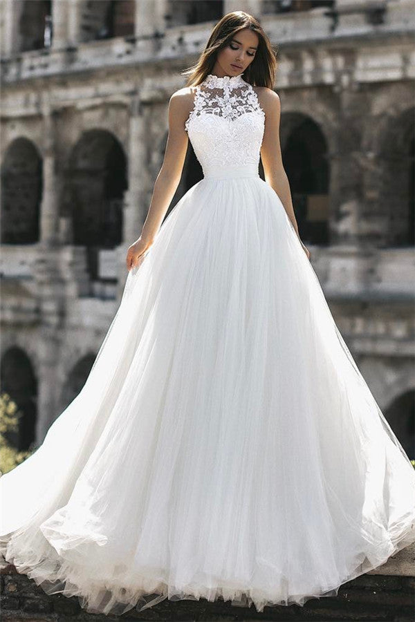 Vestido de novia de cuello alto sin mangas con aplicaciones - Nuevo lanzamiento