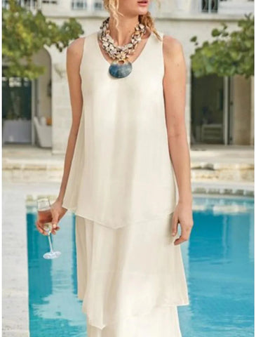 Kleid für die Mutter der Braut, Hochzeitsgast, elegant, schlicht, V-Ausschnitt, knöchellang, Chiffon, ärmellos, einfarbig