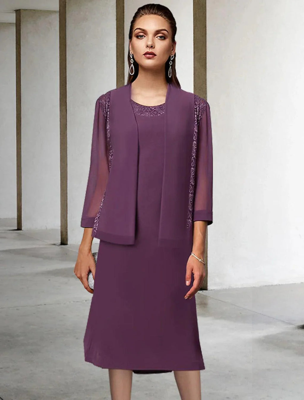 Zweiteiliges A-Linien-Kleid für die Brautmutter, eleganter Rundhalsausschnitt, knielang, Chiffon, Spitze, ärmellos, Wickelkleid inklusive, einfarbig