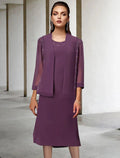 Zweiteiliges A-Linien-Kleid für die Brautmutter, eleganter Rundhalsausschnitt, knielang, Chiffon, Spitze, ärmellos, Wickelkleid inklusive, einfarbig
