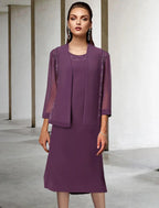 Zweiteiliges A-Linien-Kleid für die Brautmutter, eleganter Rundhalsausschnitt, knielang, Chiffon, Spitze, ärmellos, Wickelkleid inklusive, einfarbig