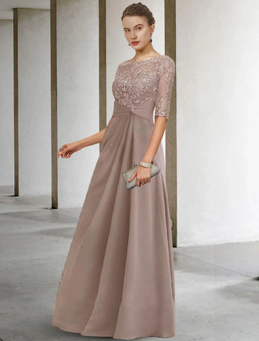 Etuikleid/Säulenkleid für die Brautmutter, Herbstkleid für Hochzeitsgäste, Übergröße, elegant, Rundhalsausschnitt, bodenlang, Chiffon, Spitze, kurze Ärmel mit Applikationen, seitlich drapiert