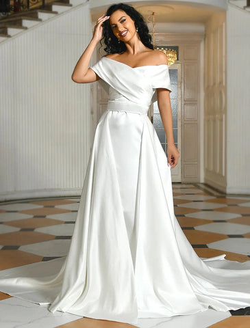 Hall Lässige Brautkleider Sweep / Pinsel Zug A-Linie Ärmellos Off Shoulder Satin Mit Criss Cross Geraffte