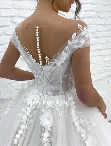 Formelle Brautkleider Ballkleid V-Ausschnitt Flügelärmel Kapelle Schleppe Spitze Brautkleider mit Applikationen
