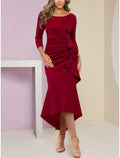 Vestido sereia/trompete para mãe da noiva, convidada de casamento, elegante, pequeno, decote redondo, assimétrico, tecido elástico, manga comprida, com folhos, franzido