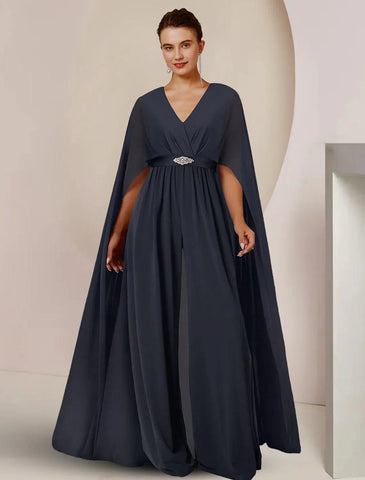 Jumpsuits Kleid für die Brautmutter, formelle Hochzeitsgastparty, elegant, V-Ausschnitt, bodenlang, Chiffon, ärmellos, mit Kristallbrosche