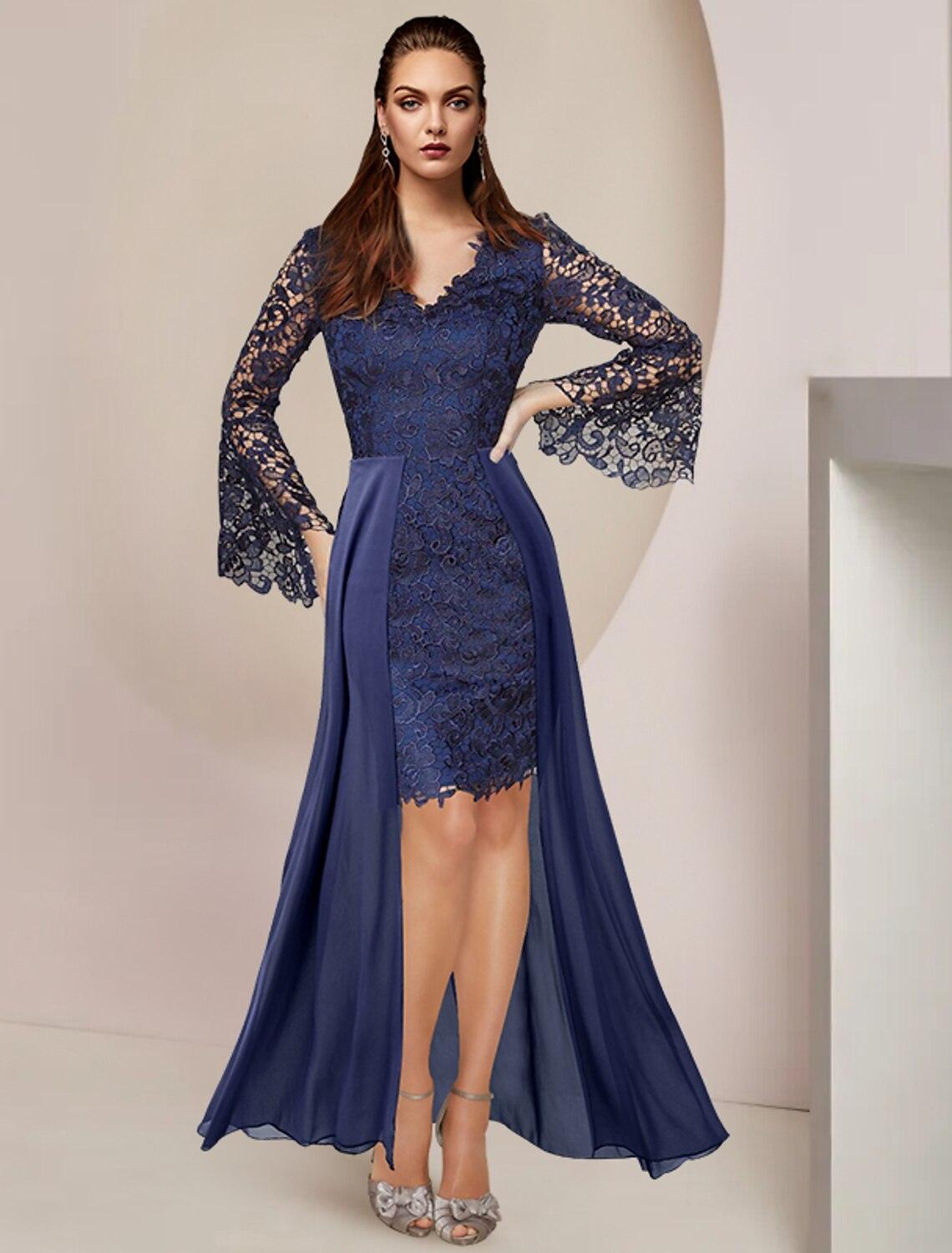 Vestido de mãe da noiva de duas peças, estilo coluna, formal, para convidados de casamento, elegante, decote em V, comprimento até ao joelho, chiffon, renda, manga comprida com aplicações