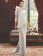 Vestido de mãe da noiva com bainha/coluna, para convidada de casamento formal, elegante, decote redondo, cauda longa/escova, tecido elástico, manga 3/4 com penas