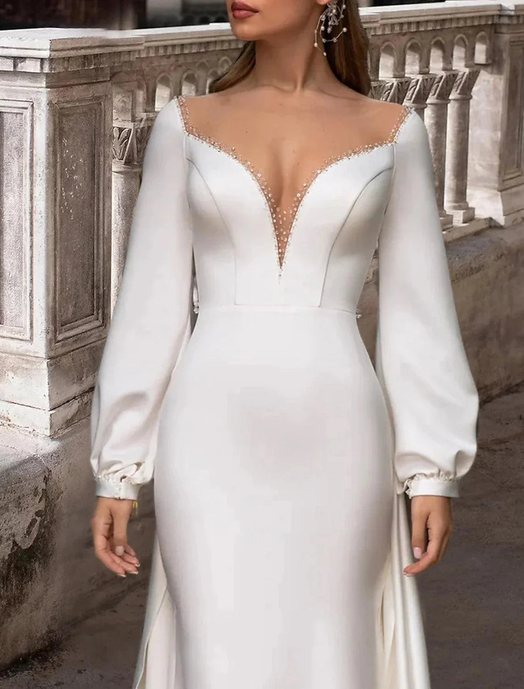 Reception Formal Wedding Dresses Two Piece Illusion Neck Scoop Neck Long Sleeve Sweep / Brush Train Satin Bridal Gowns With Solid Color