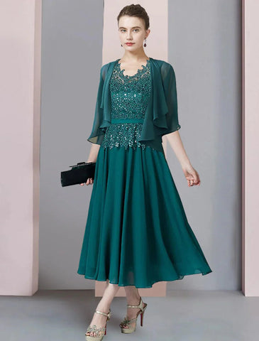 Zweiteiliges A-Linien-Kleid für die Mutter der Braut, formelle Hochzeitsgäste, eleganter V-Ausschnitt, knielang, Chiffon, Spitze, kurze Ärmel, Wickelkleid inklusive Pailletten-Applikationen