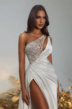 Noble one shoulder sleeveless a-line sequined satin Evening dresses