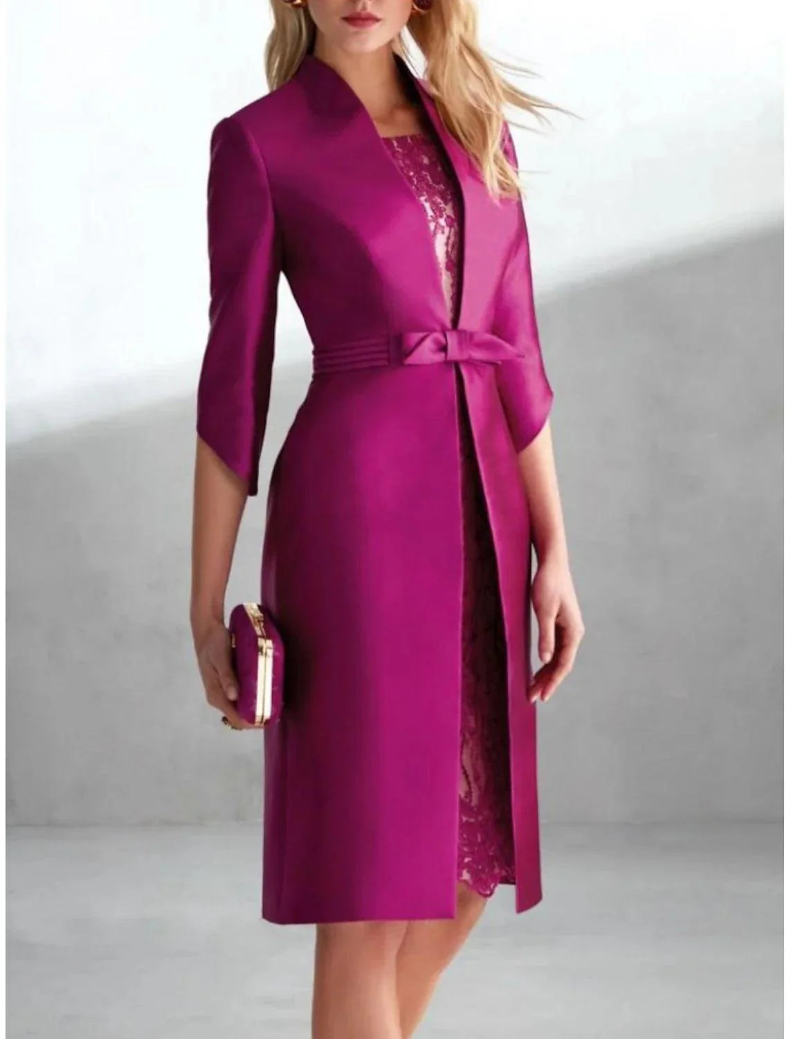 Vestido de duas peças para mãe da noiva, convidada de casamento, elegante, pequeno, decote redondo, comprimento até ao joelho, renda de cetim, manga 3/4 com laço(s), franzido, cor sólida