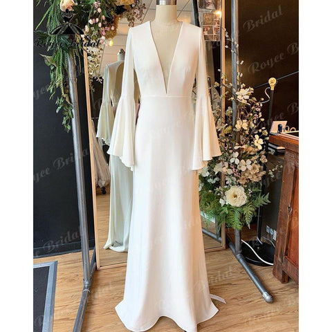Noiva Vestido Tiefer weicher Satin, lange Ärmel, tiefer V-Ausschnitt, rückenfreies Brautkleid für Frauen, Hochzeitsempfangskleid für die Braut 2025 