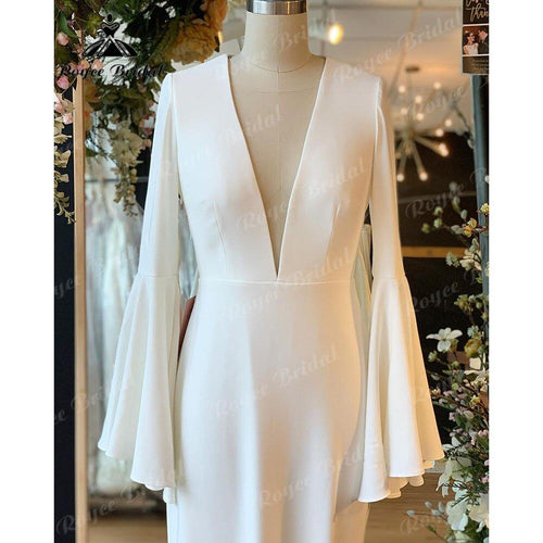 Noiva Vestido Tiefer weicher Satin, lange Ärmel, tiefer V-Ausschnitt, rückenfreies Brautkleid für Frauen, Hochzeitsempfangskleid für die Braut 2025 
