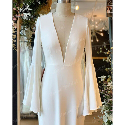 Noiva Vestido Tiefer weicher Satin, lange Ärmel, tiefer V-Ausschnitt, rückenfreies Brautkleid für Frauen, Hochzeitsempfangskleid für die Braut 2025 