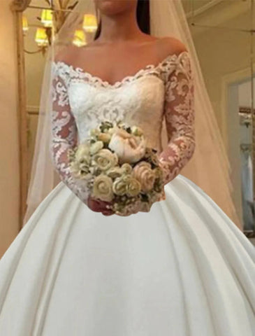 Verlobungs- und formelle Herbst-Brautkleider Ballkleid, schulterfrei, langärmlig, Kapellenschleppe, Satin-Brautkleider mit Applikationen, einfarbig