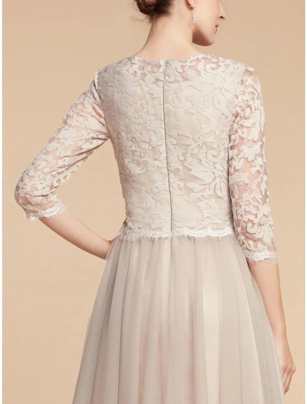 A-Line Mother of the Bride Dress Wedding Guest Elegant Petite Jewel Neck Knee Length Chiffon Lace 3/4 Length Sleeve with Pleats Sequin