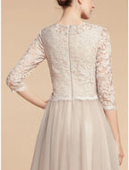 A-Line Mother of the Bride Dress Wedding Guest Elegant Petite Jewel Neck Knee Length Chiffon Lace 3/4 Length Sleeve with Pleats Sequin