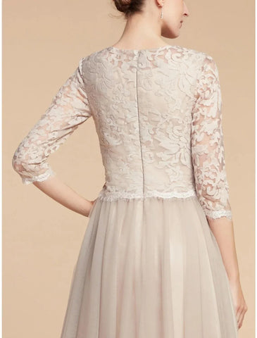 A-Linien-Kleid für die Mutter der Braut, Hochzeitsgast, elegant, zierlich, Rundhalsausschnitt, knielang, Chiffon, Spitze, 3/4-Ärmel mit Falten, Pailletten
