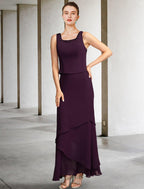 Vestido de mãe da noiva em duas peças, corte A, plus size, elegante, decote quadrado, comprimento até ao tornozelo, chiffon, sem mangas, casaco incluído, com pérolas e missangas