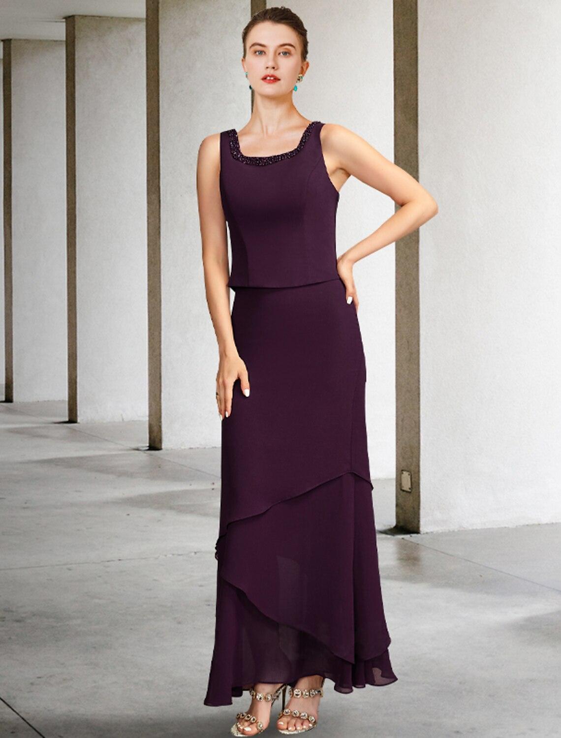 Vestido de mãe da noiva em duas peças, corte A, plus size, elegante, decote quadrado, comprimento até ao tornozelo, chiffon, sem mangas, casaco incluído, com pérolas e missangas