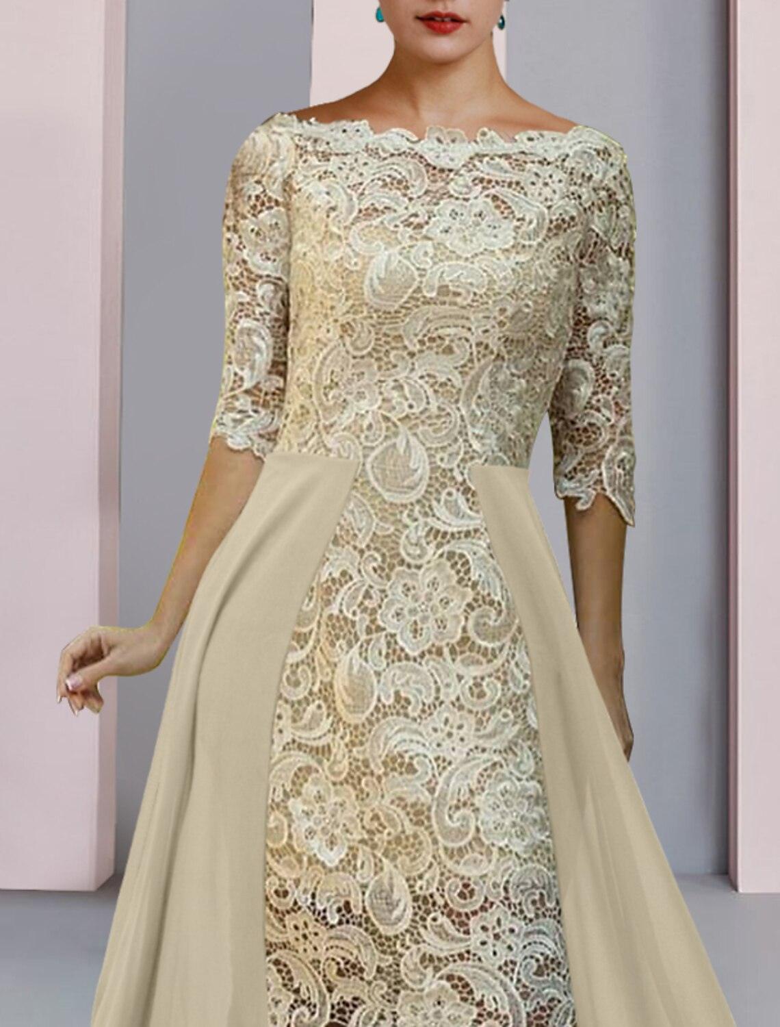 Vestido de mãe da noiva com bainha/coluna, para convidada de casamento formal, elegante, decote redondo, comprimento até ao joelho, chiffon, renda, meia manga com aplicações