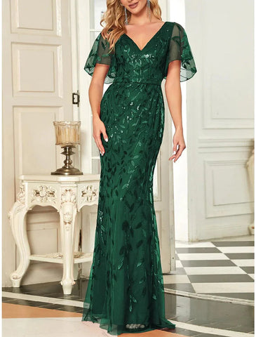 Meerjungfrau/Trompete Kleid für die Mutter der Braut, Hochzeitsgast, funkelnd und glänzend, elegant, V-Ausschnitt, bodenlang, mit Pailletten, kurze Ärmel mit Falten, Pailletten