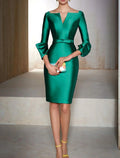 Etuikleid, Weihnachten, Rot, Grün, Cocktailkleider, Smaragdgrün, elegantes Kleid, Herbst, Hochzeitsgastkleid für Mütter, formell, knielang, 3/4-Ärmel, V-Ausschnitt, Satin mit Schärpe/Band, reine Farbe