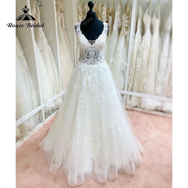 NumberSea 2022 Robe Mariee A Line Wedding Dress V Neck Lace Applique Backless Court Tank Bridal Gown vestido de noiva praiano Custom Made