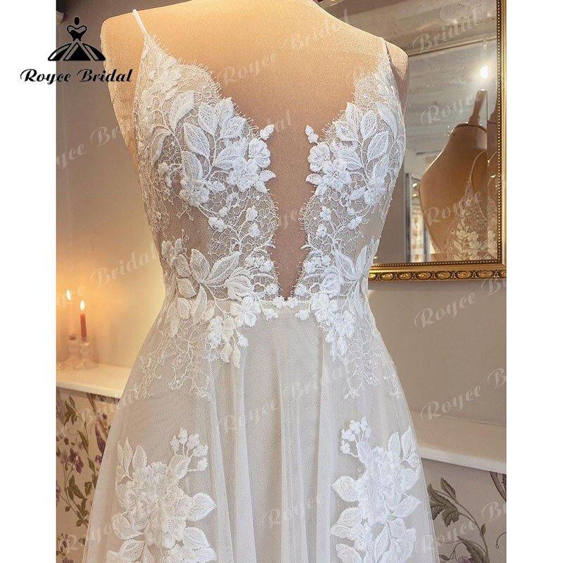 NumberSea 2025 Robe Mariage A Line Boho Wedding Dress with V Neck Lace Appliqued Spaghetti Straps Sweep vestido para boda playa elegant