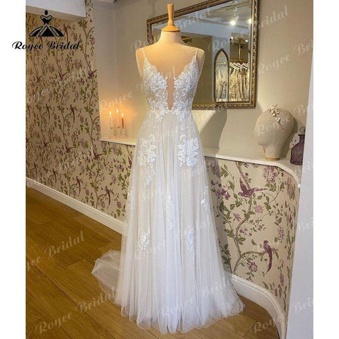 NumberSea 2025 Robe Mariage A-Linie Boho Brautkleid mit V-Ausschnitt Spitze Applizierte Spaghettiträger Sweep vestido para boda playa elegant 