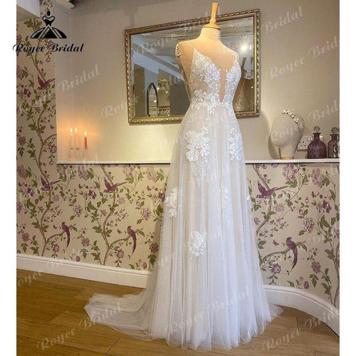 NumberSea 2025 Abito da Sposa A Line Boho con Scollo a V, Spalline Sottili e Ricami in Pizzo, Vestito Elegante per Matrimonio in Spiaggia a Strascico