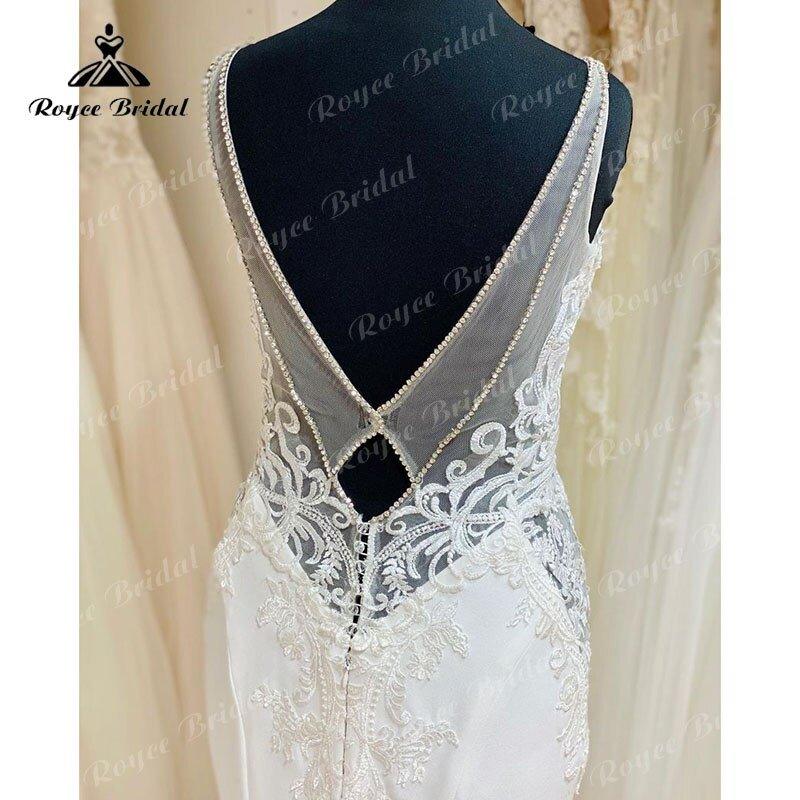 NumberSea 2025 Sexy Mermaid/Trumpet Lace Boho Backless Soft Satin Wedding Dress with V Neck Spaghetti Straps Wedding Gown vestido de boda