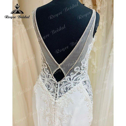 NumberSea 2025 Sexy Meerjungfrau/Trompete Spitze Boho Backless Weiche Satin Brautkleid mit V-Ausschnitt Spaghetti-Trägern Brautkleid vestido de boda 